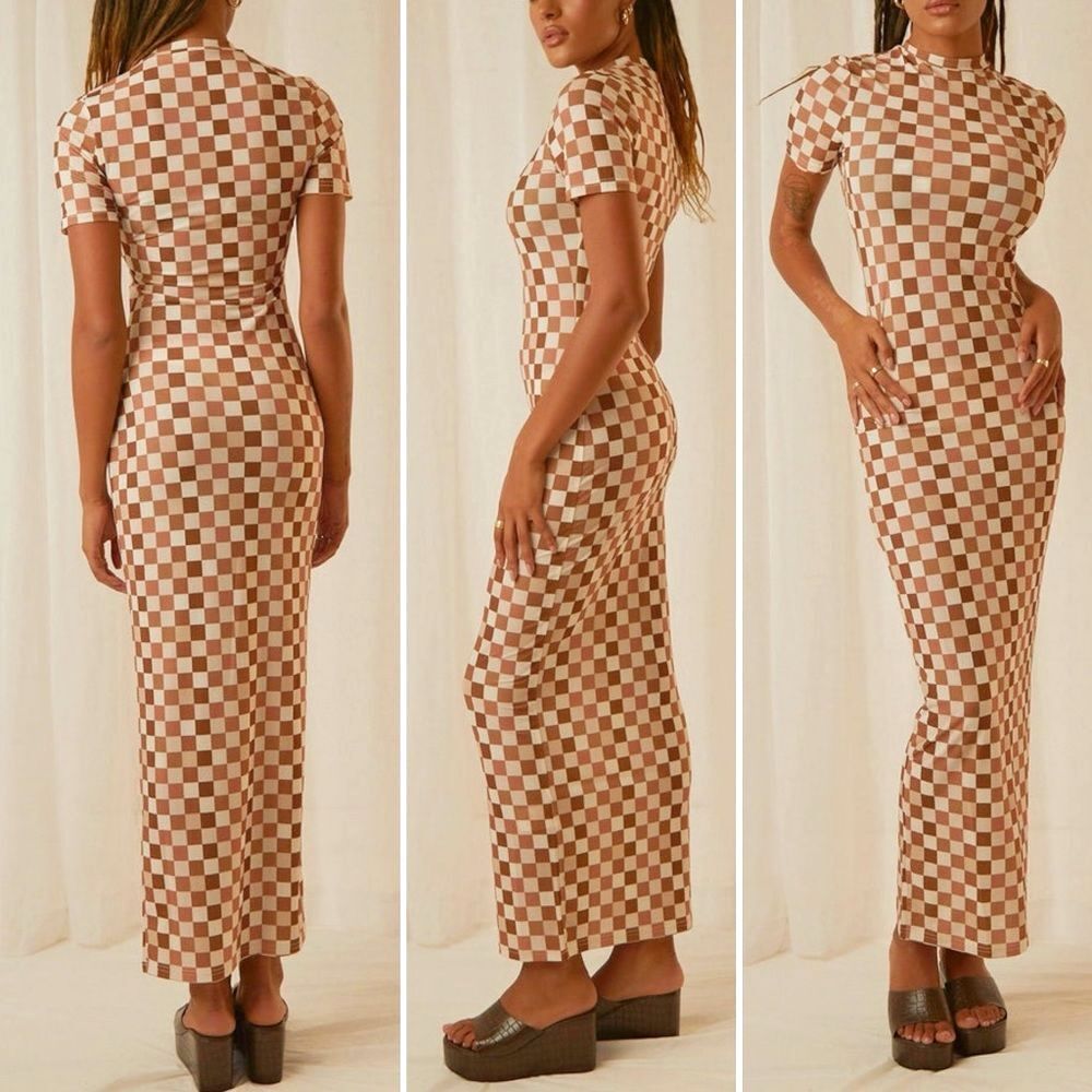 NWT Peppermayo Into The City Mesh Maxi Dress Cocoa Cream Check Womens Size 6 NEW - Picture 4 of 16